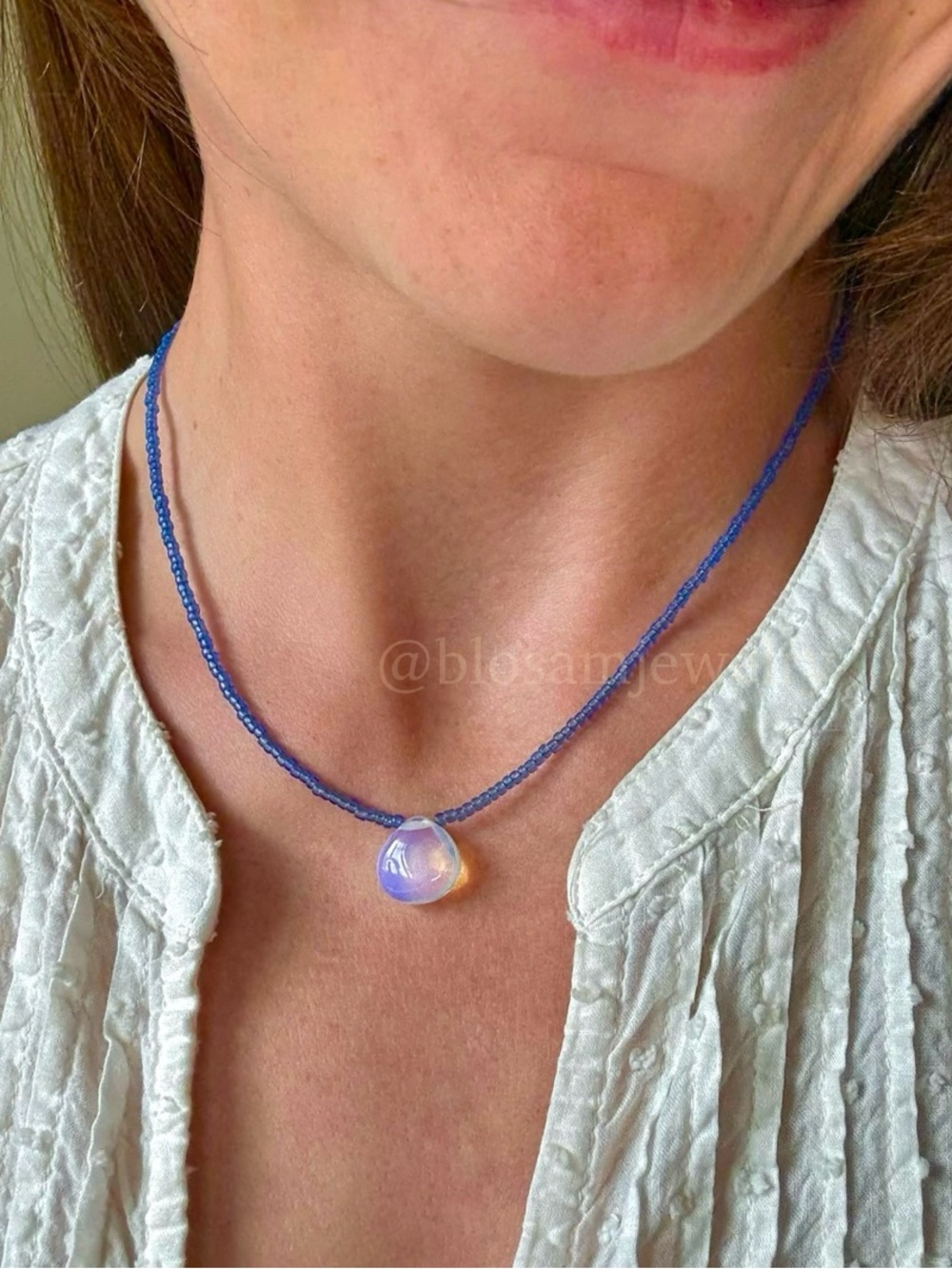 Dainty Blue Ethereal Opal Glass Seed Bead Necklace Tiny Beaded Choker